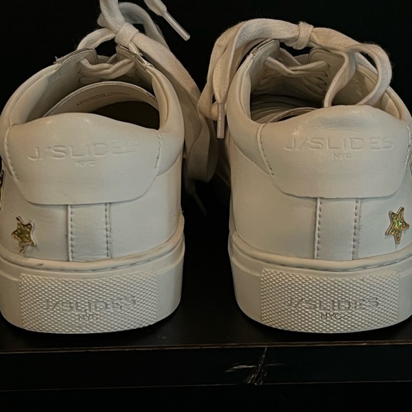 J/Slides NYC Womens Size 8.5 White Leather w Gold Stars - Picture 7 of 10